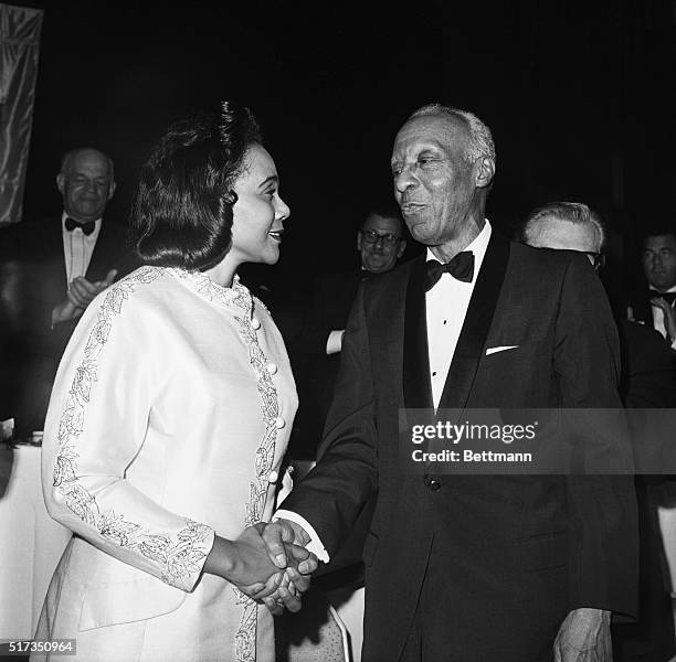 New York, NY: Coretta Scott King , congratulates Civil Rights leader A Philip Randolph, who was 80 on April 15, at a birthday dinner in his honor at...