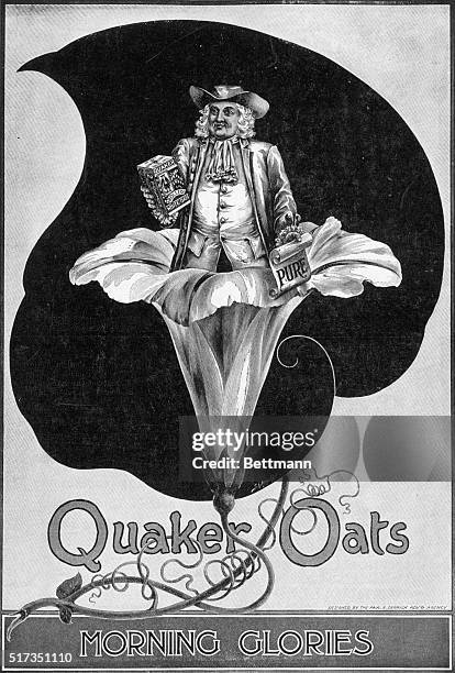 Advertisement for Quaker Oats, circa 1896, with an illustration of a Quaker man standing inside a morning glory blossom holding a box of rolled oats....