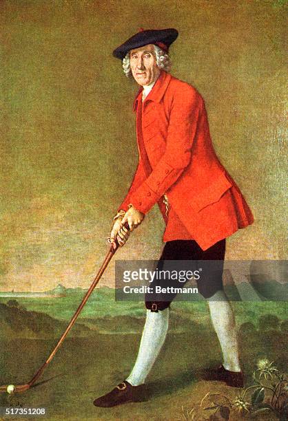 Full-length portrait of William St. Clair of Roslin, as captain of the Hon. Company of Edinburgh Golfers. Oil painting by Sir George Chalmers.