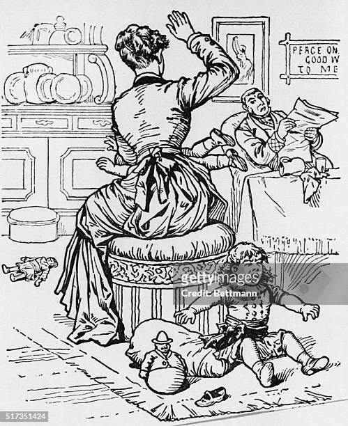 Illustration depicting a mother spanking her children. Woodcut, 1889. BPA2# 1777