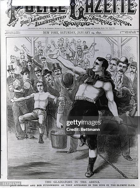 Jack Dempsey and Bob Fitzsimmons as they appeared in the ring in the Olympic Club. Woodcut, 1891.