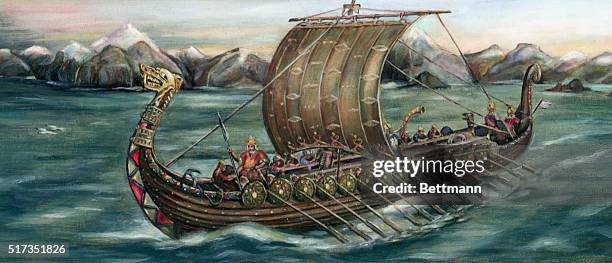 Viking trading ship of the 8th century leaving on an expedition from Dawn Ladir Cliffs, Norway.