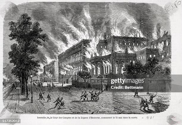 Engraving of Cour des Comptes and Legion d'Honneur on fire, Paris, evening of May 23, 1871. Engraving shows large buildings with flames shooting from...