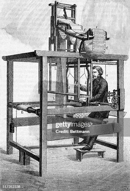 Illustration depicting a man operating a Jacquard loom. Engraving, 1877.