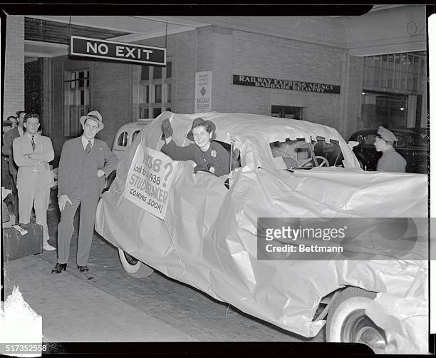 The new mystery 1938 Studebaker, as it brought up the procession of cars of all years, during the parade through New York City, en route to Grand...