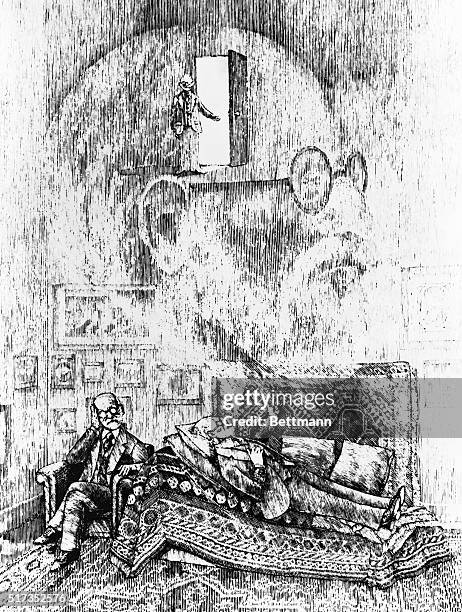 Ca. 1910-Caricature of Sigmund Freud analyzing a figure of himself lying on a couh spouting Freudian imagery. Drawing by Charles B. Slackman.