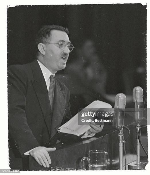 Dr. Fadhil Jamali, Iraq's Foreign Minister, delivers the Arabs' closing blast against partition in an attack on motives of drafters of the plan for...