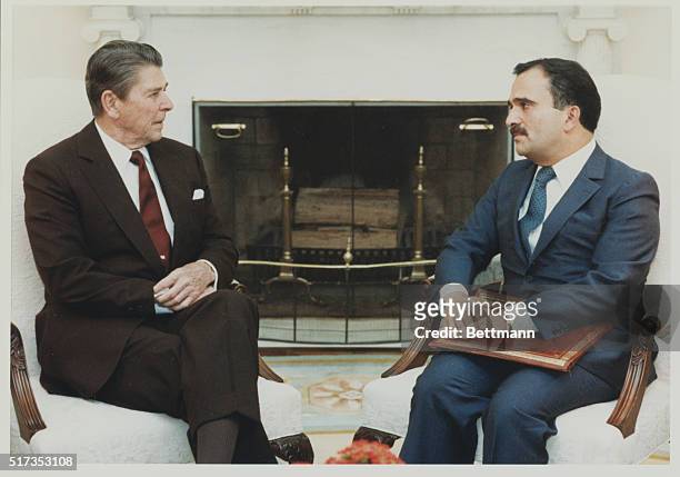 Washington: President Reagan meets with Jordan's Crown Prince Hassan in the Oval Office. Hassan said that Reagan reaffirmed his "personal resolve" to...