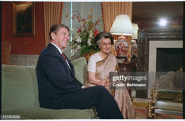 United States President Ronald Reagan meets here with Indian Prime Minister Indira Gandhi.