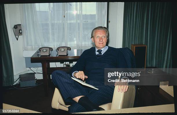 London, England: Close up of British Secretary of Defense Michael Hesltine, seated at the Ministry of Defense. He was named the Secretary of Defense...