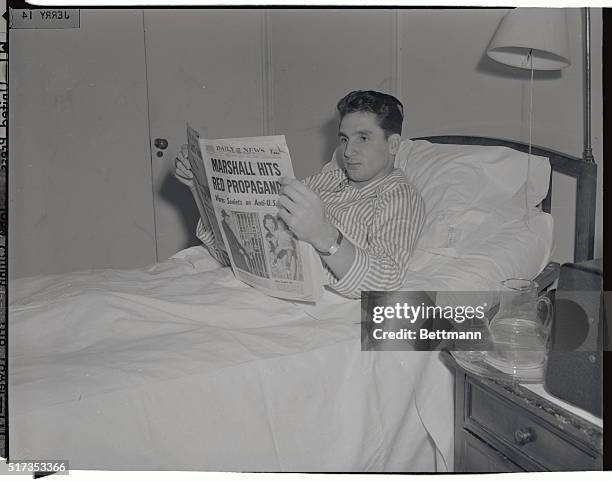 Bobby Thomson, Giants outfielder, looks mighty cheerful after going under the knife at Harkness Pavilion. He had a bone chip removed from his knee.