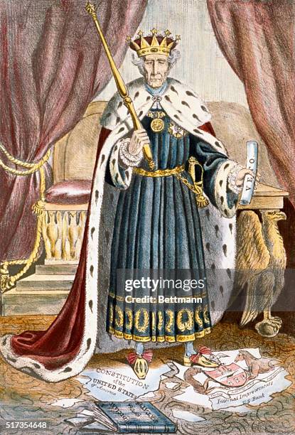 Political cartoon made during Andrew Jackson's presidency depicts Jackson as an absolute monarch who abuses his veto power and tramples on the...