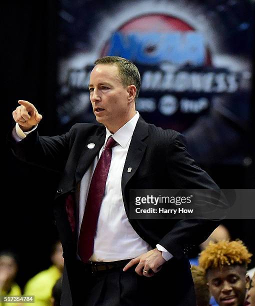 Head coach Billy Kennedy of the Texas A&M Aggies cheers on his team in the second half while taking on the Oklahoma Sooners in the 2016 NCAA Men's...