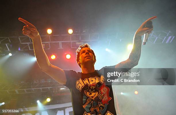 Pierre Bouvier of Simple Plan performs on stage at the O2 Forum Kentish Town on March 24, 2016 in London, England.