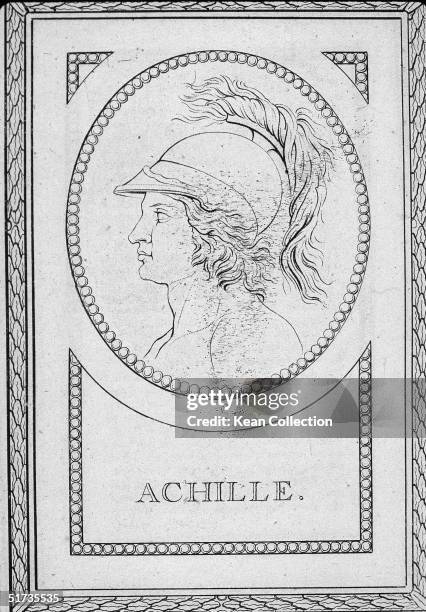 Profile illustration of Greek prince Achilles, son of Peleus and Thetis, as depicted on a bronze medal by J. A. Canini. Achilles, the chief war hero...