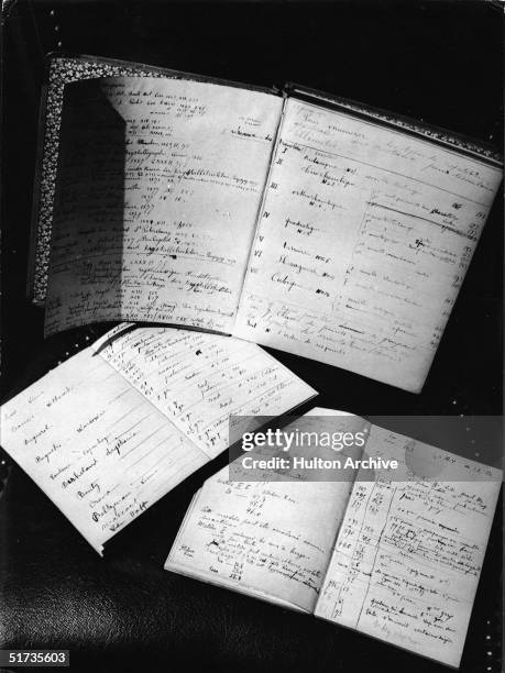 View of journals used by French scientist Pierre Curie and his wife, Polish-born chemist and physicist Marie Sklodowska Curie, circa 1905.