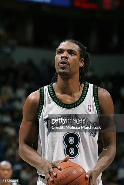 Latrell Sprewell of the Minnesota Timberwolves shoots a free throw against the New Orleans Hornets during the game on November 6, 2004 at the Target...