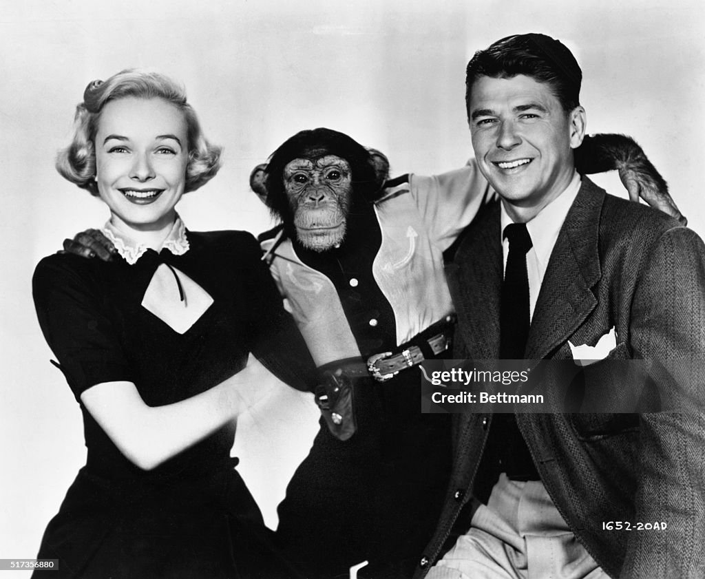 Diana Lynn, Bonzo, and Ronald Reagan in Bedtime for Bonzo