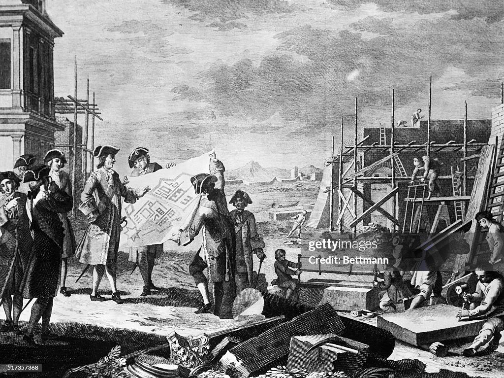 Engraving of Peter The Great Supervising the Building of St. Petersburg