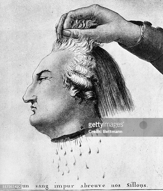 Cartoon "Matter for reflection for crowned jugglers". Beneath the severed head of Louis XVI is the line from the Marseillasie, "May an impure blood...