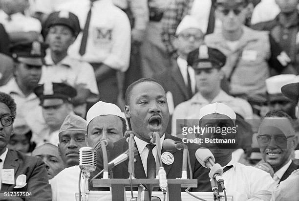 Dr. Martin Luther King, Jr. Delivers his famous "I Have a Dream" speech in front of the Lincoln Memorial during the Freedom March on Washington in...