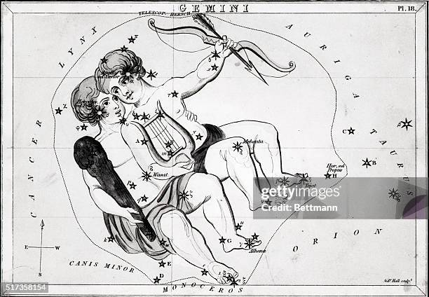 Engraving of A View of the Heavens showing the constellation Gemini, the Twins. The Twins are shown as children, one holds a club, one holds a bow...