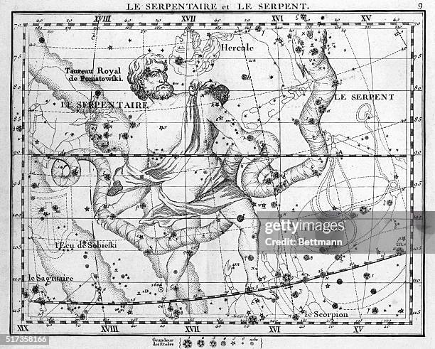 Illustration depicting the constellation Serpens. Engraving, 1795.