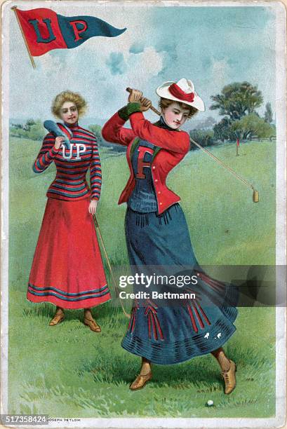 Two girls playing golf. After a colored lithograph, 1903.