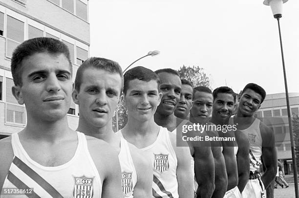 Rome, Italy- Members of the U.S. Olympic boxing team gather for a group photo. Pictured are: Nicholas Spanakos featherweight; Jerry Armstrong...