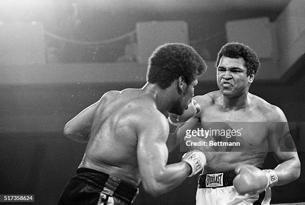 Heavyweight champion Muhammad Ali aims for the head of Leon Spinks during the seventh round of their world heavyweight title match at the Las Vegas...