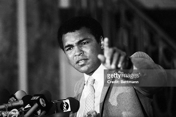 Boxer Muhammad Ali announcing his comeback at a press conference. He will pursue his fourth heavyweight title against Canadian Trevor Berbick.