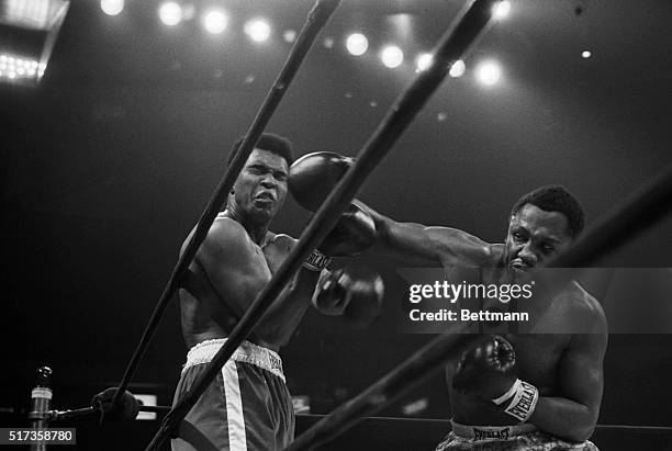 Joe Frazier connects solidly with a long right to the face of Muhammad Ali during their heavyweight title bout. Frazier later wins by a unanimous...