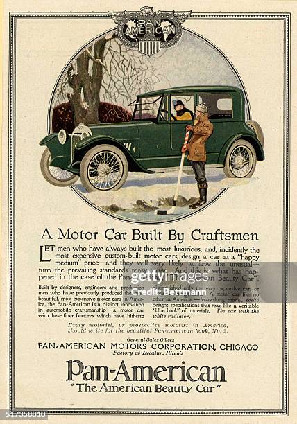 Color, illustrated advertisement for Pan-American Motors Corporation's "The American Beauty Car." The illustration depicts the driver leaning out of...
