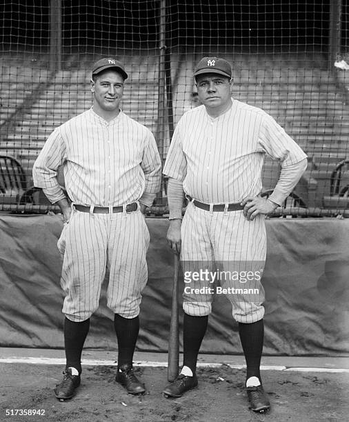 New York, NY: Photo shows Babe Ruth and Lou Gehrig, the home run twins, whose heavy hitting is expected to bring the 1927 Worlds Championship flag to...