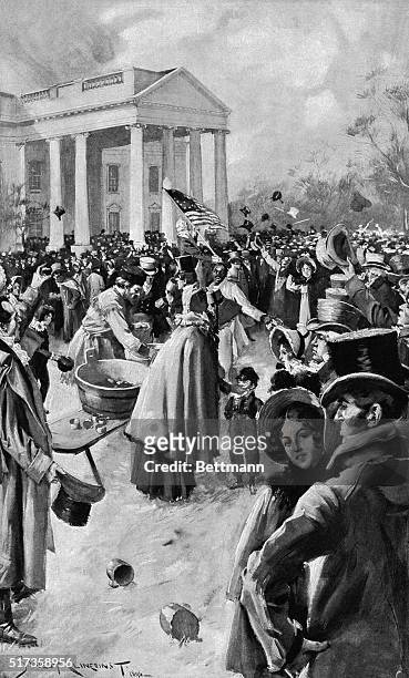 The crush at the White House after Andrew Jackson's Presidential inauguration in 1829. Undated illustration.