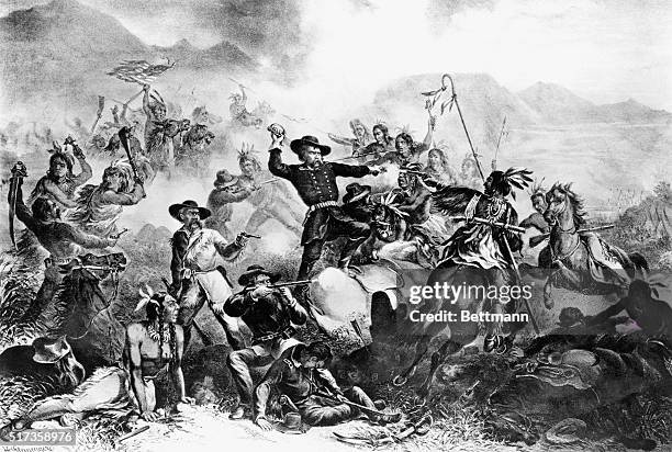 Painting of General George Custer's death struggle at the Battle of Little Big Horn . Undated illustration.