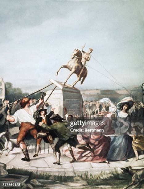 Tearing down the statue of George III in New York City during the Revolutionary War. Painting, 1857 by William Walcutt.