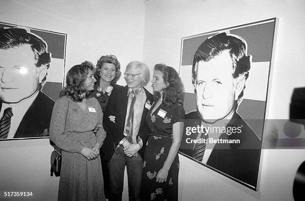 New York, NY- Andy Warhol unveils his silkscreen portrait of Senator Edward Kennedy as RFK daughters Courtney and Kerry and Mrs. Patricia Kennedy...