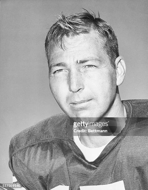 Bart Starr, quarterback for the Green Bay Packers, is shown in this head and sholders picture with his uniform on.
