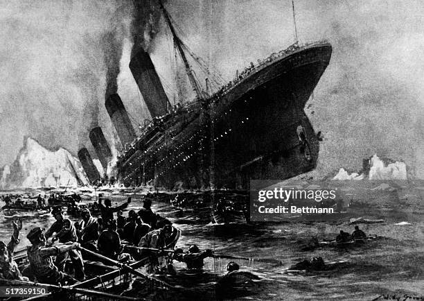 During the night of April 14th the English S.S. Titanic crashed into an iceberg and sank with a loss of 1563 lives. This sketch depicting the...