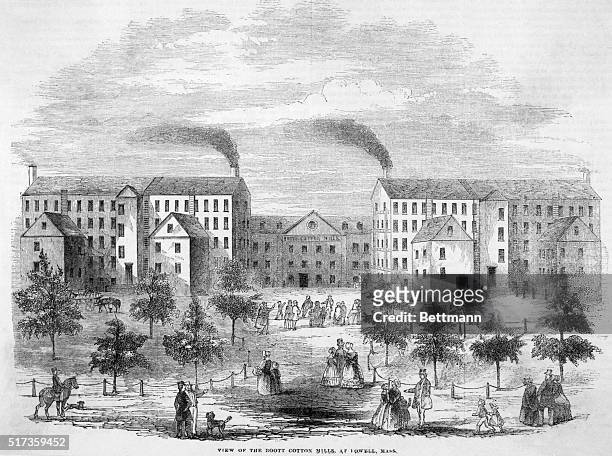 Exterior view of the Boott Cotton Mills at Lowell, Massachusetts. Undated engraving.