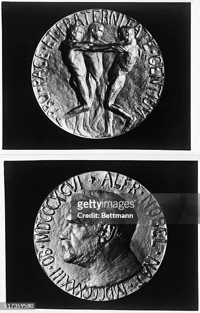 Medals given to the winners of the Nobel Peace Prize. Undated photograph.