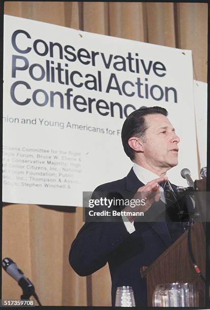 Washington, DC: United States Secretary of Defense Caspar Weinberger addresses the Conservative Political Action Conference at the Sheraton Hotel in...