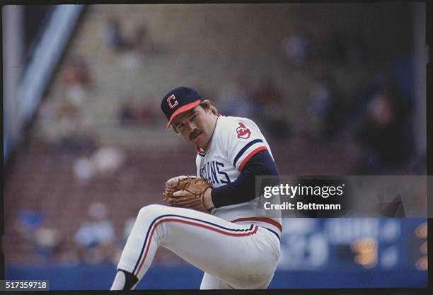 Pitcher for the Cleveland Indians, Len Barker, winding up.