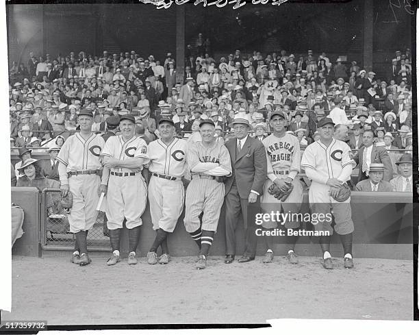 An unusual photo, showing seven former managers of the Cleveland Indians as they appeared at the benefit game played at League Park here between the...