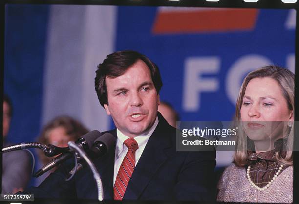 Chicago, Illinois: Richard M. Daley and his wife, Maggie, together on stand as Daley concedes he has lost in the Democratic primary race for Mayor of...