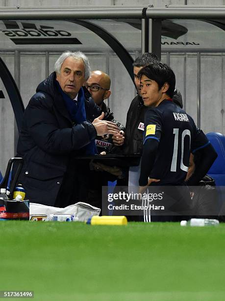 Vahid Halilhodzic,coach of Japan gives instructions to Shinji Kagawa#10 during the FIFA World Cup Russia Asian Qualifier second round match between...