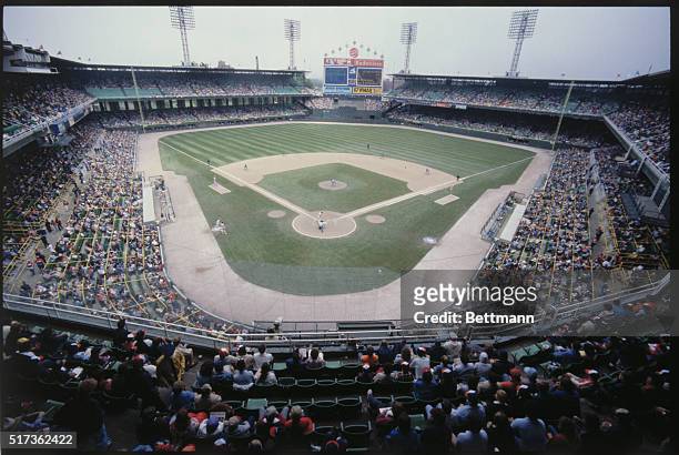 Chicago, Illinois: General view of the field and bleachers of Comiskey Park, the site of the 1983 All Star Game, during an unidentified baseball game.