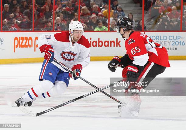 Stefan Matteau of the Montreal Canadiens skates against the Ottawa Senators at Canadian Tire Centre on March 19, 2016 in Ottawa, Ontario, Canada.