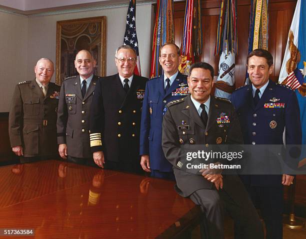 Informal group photograph of the Joint Chiefs of Staff November 7, 1989. Left to right: General Carl Edward Vuono, USA. General Larry D. Welch, USAF....